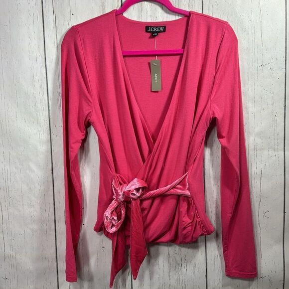 J.Crew Pink Long Sleeve Faux Wrap Top with Velvet Tie NWT Size M - Picture 5 of 14